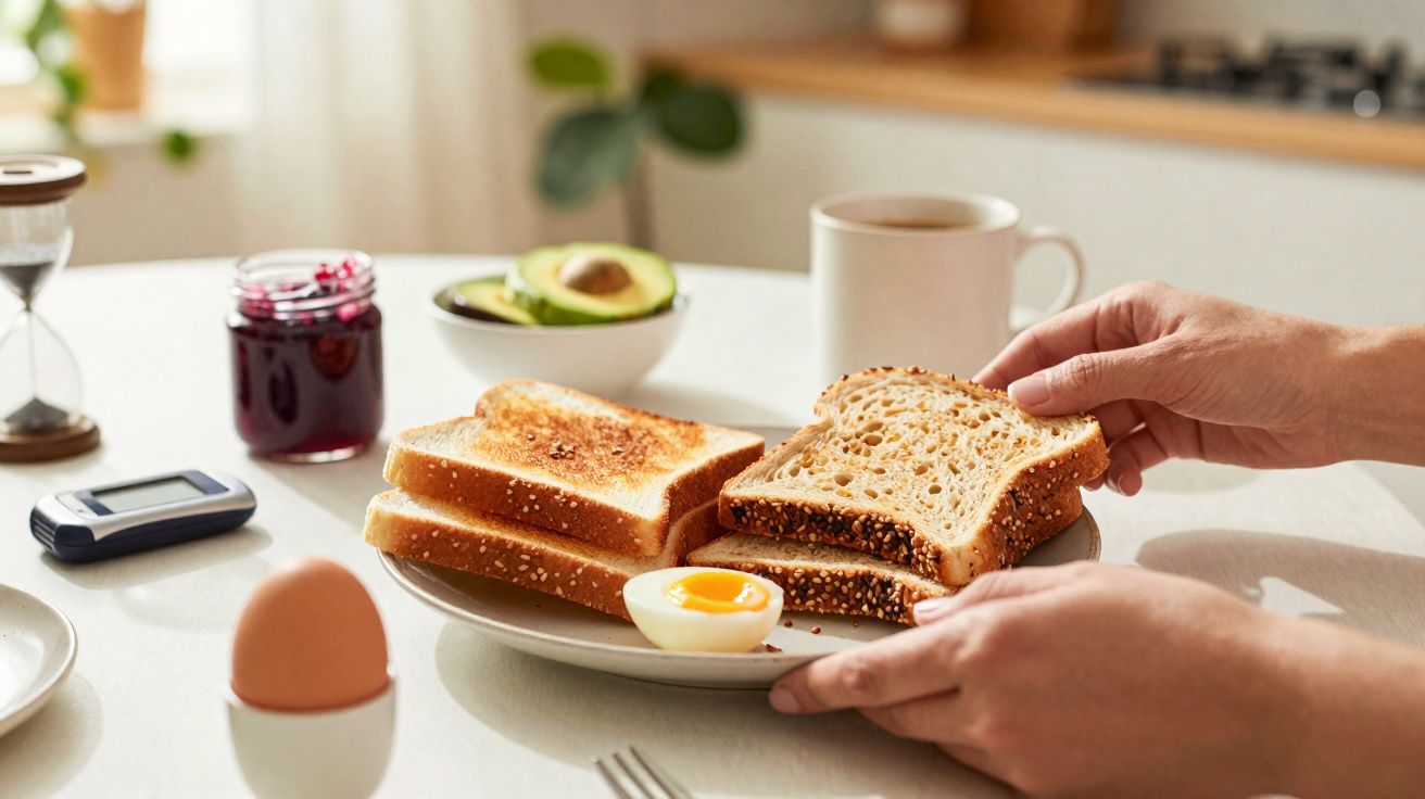 Pequeno-almoço com fatias de pão integral, ovo cozido, abacate, café e compota numa mesa iluminada.