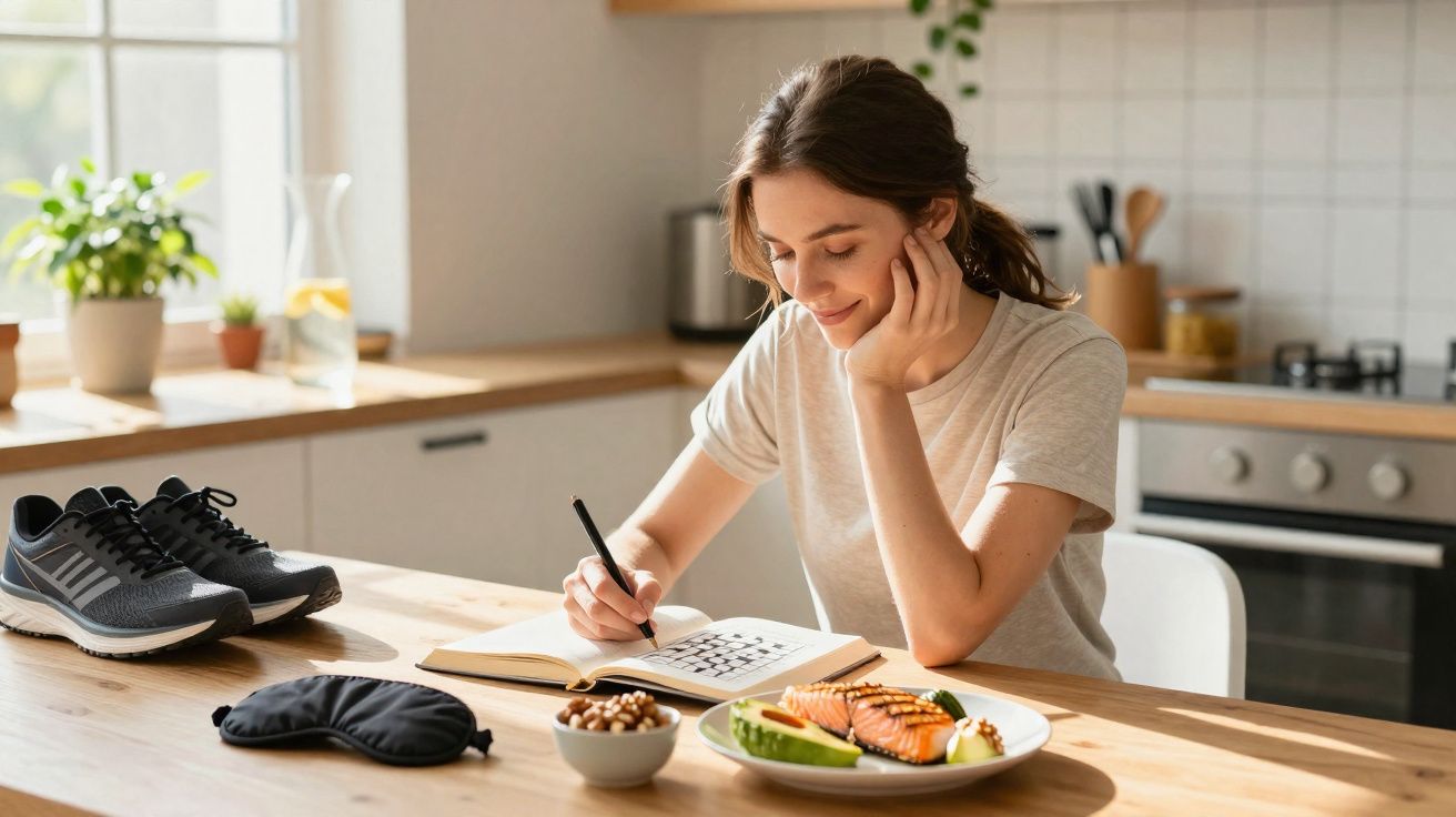 Mulher sentada na cozinha a resolver palavras cruzadas com alimentação saudável e ténis na mesa.