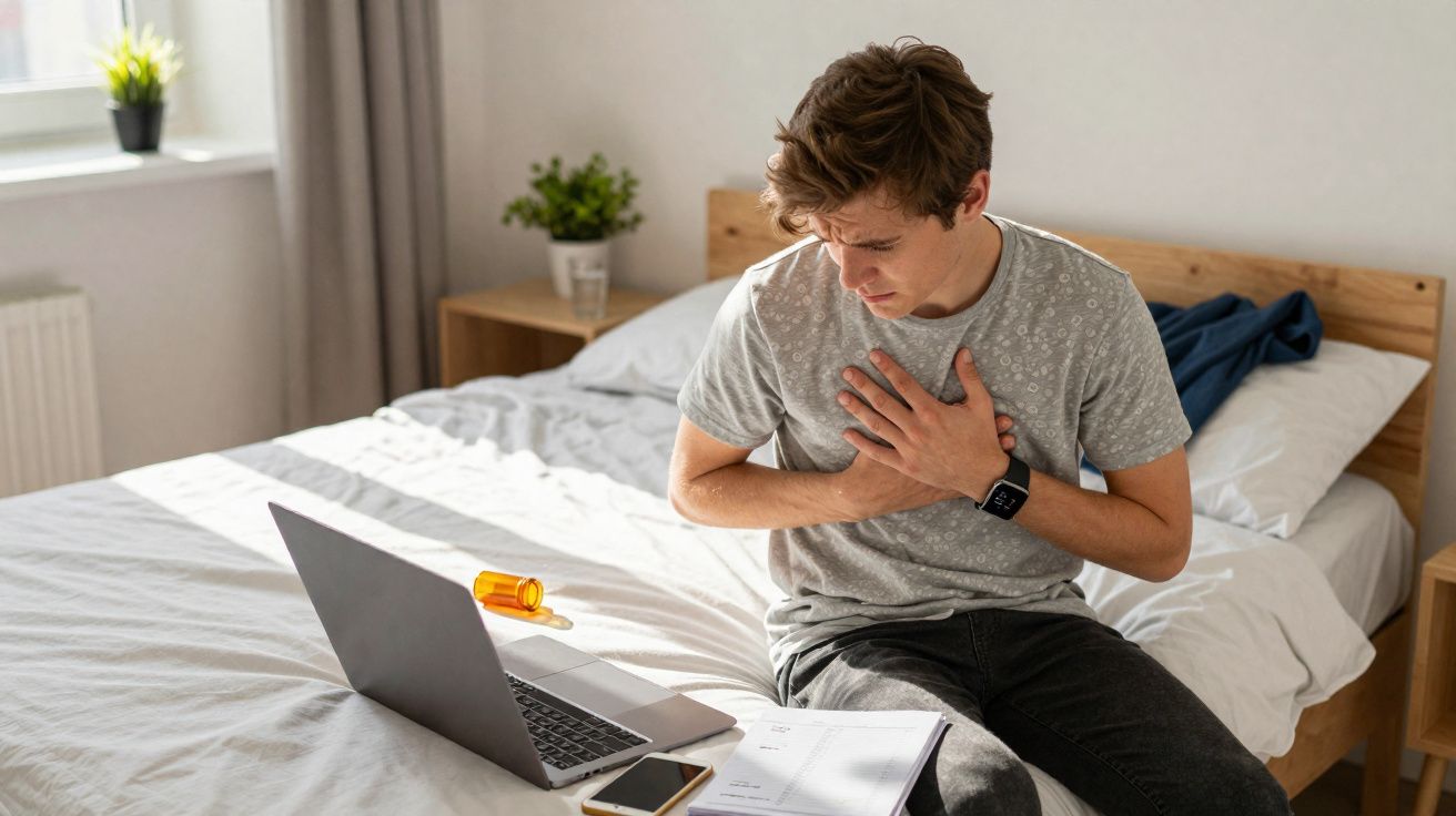 Homem jovem sentado na cama com dor no peito, laptop, telemóvel e medicamento ao lado.