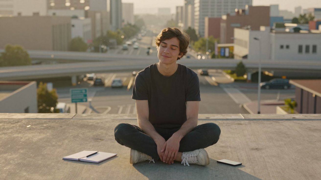 Jovem sentado de pernas cruzadas num telhado com caderno e telemóvel numa zona urbana ao pôr do sol.