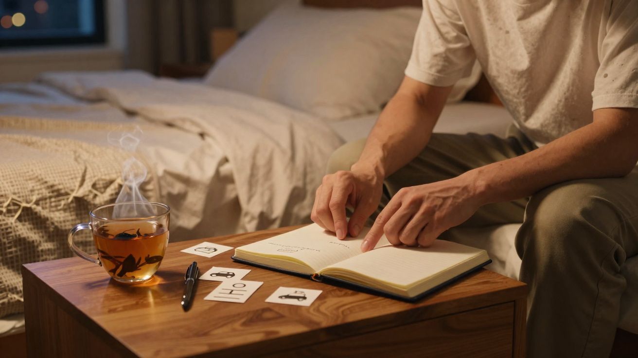 Pessoa sentada a escrever num caderno numa mesa com chá quente, cartões e uma caneta, ao lado de uma cama.