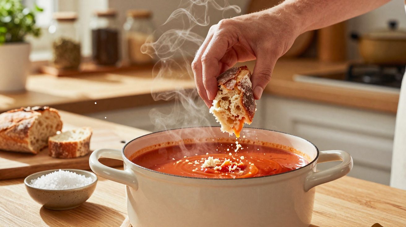 Mão a mergulhar pão numa panela branca com sopa de tomate fumegante numa cozinha moderna.