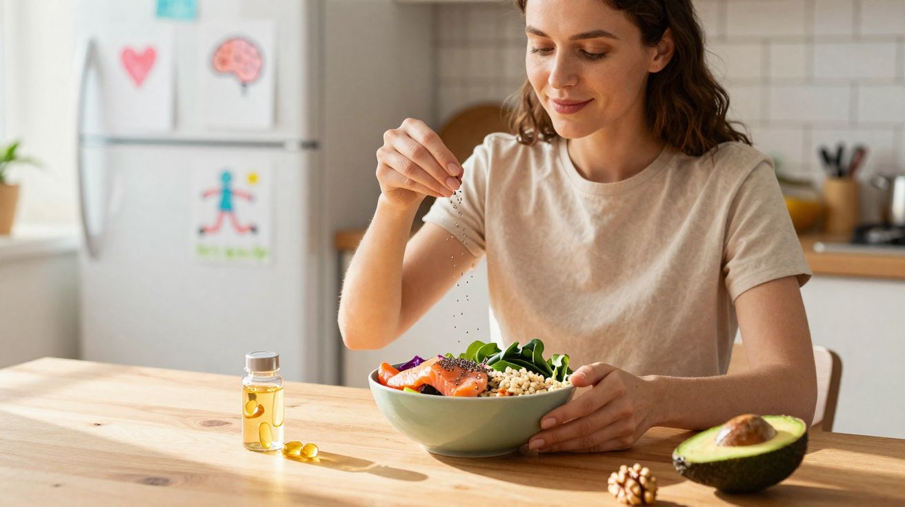Mulher a temperar salada com sementes numa cozinha luminosa, com abacate e frascos de óleo à mesa.