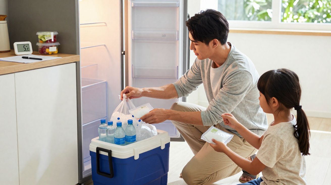 Homem e criança a guardar gelo e garrafas numa caixa térmica junto ao frigorífico aberto numa cozinha.
