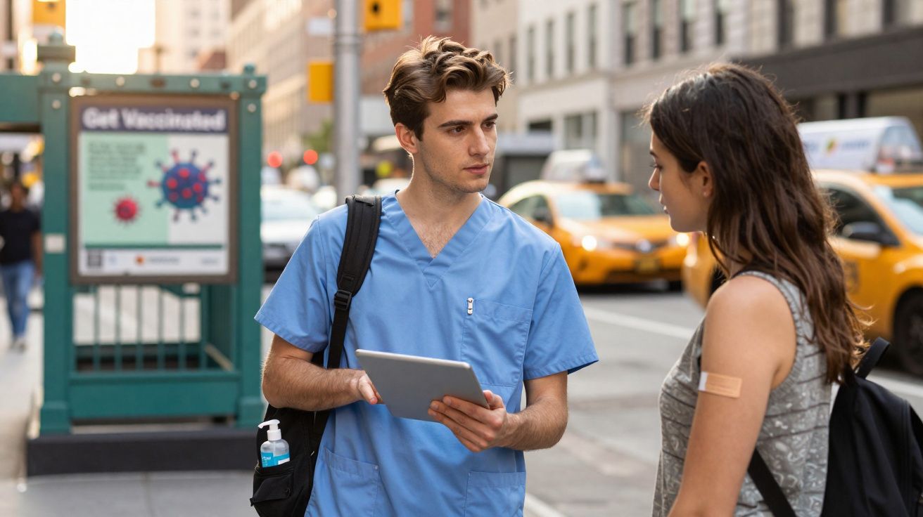 Profissional de saúde com tablet conversa com jovem mulher na rua, que tem um penso rápido no braço.