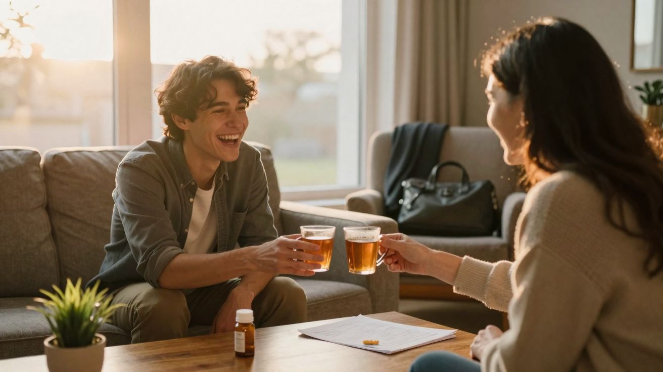 Jovem e mulher brindam com chá quente sentados numa sala acolhedora ao fim da tarde.