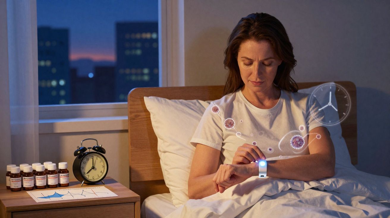 Mulher na cama à noite, a consultar relógio inteligente, com frascos de medicamentos e gráfico na mesa junto à janela.