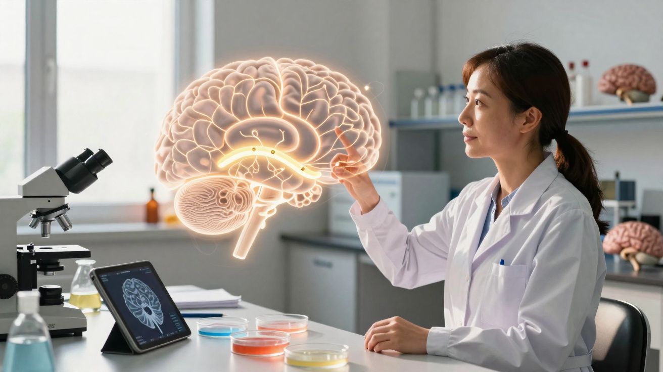 Cientista em laboratório a analisar modelo digital de cérebro humano com microscópio e lâminas.