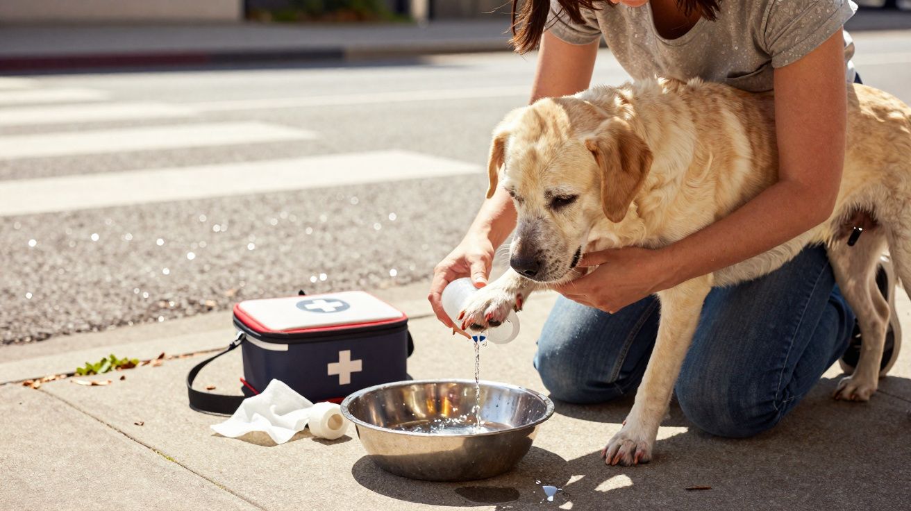Pessoa a lavar a pata de um cão com água perto de uma caixa de primeiros socorros na rua.