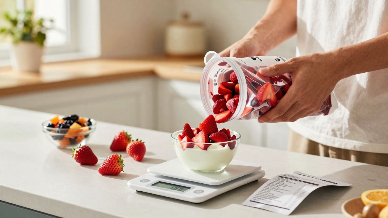 Pessoa a despejar morangos cortados numa taça com iogurte sobre uma balança digital numa cozinha.