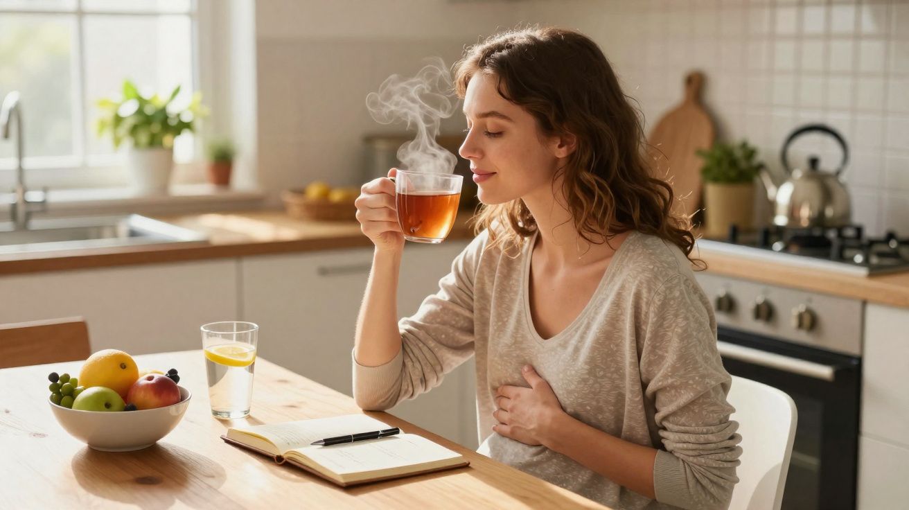 Mulher sentada na cozinha a beber chá quente, com um caderno aberto e fruta sobre a mesa.