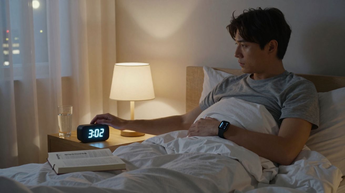 Homem deitado na cama a olhar para um relógio digital num quarto com luz suave e livro aberto.