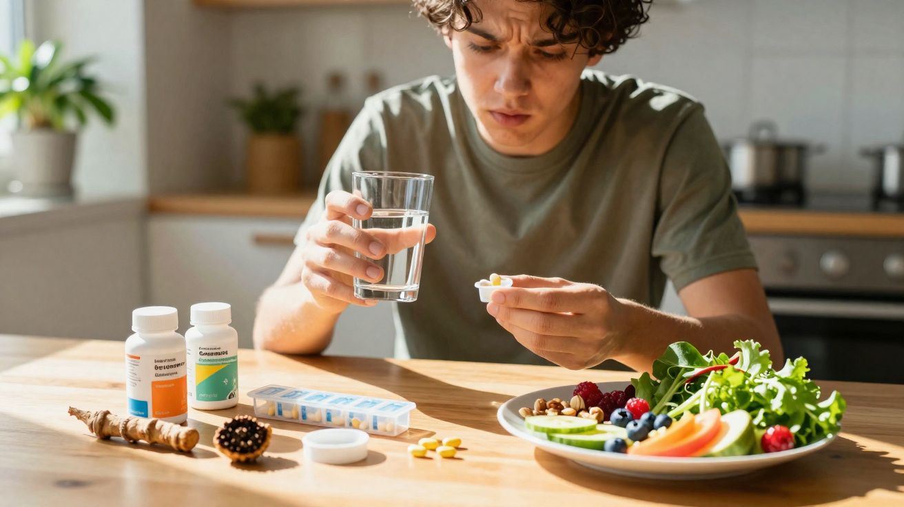Homem a segurar comprimido e copo de água à frente de mesa com frutas, legumes e medicamentos.