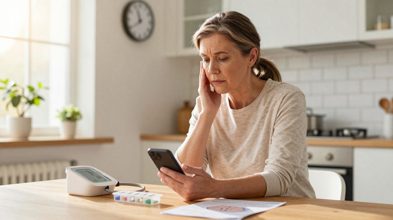 Mulher preocupada com saúde, consultando telemóvel, com medidor de pressão arterial e medicamentos na mesa.