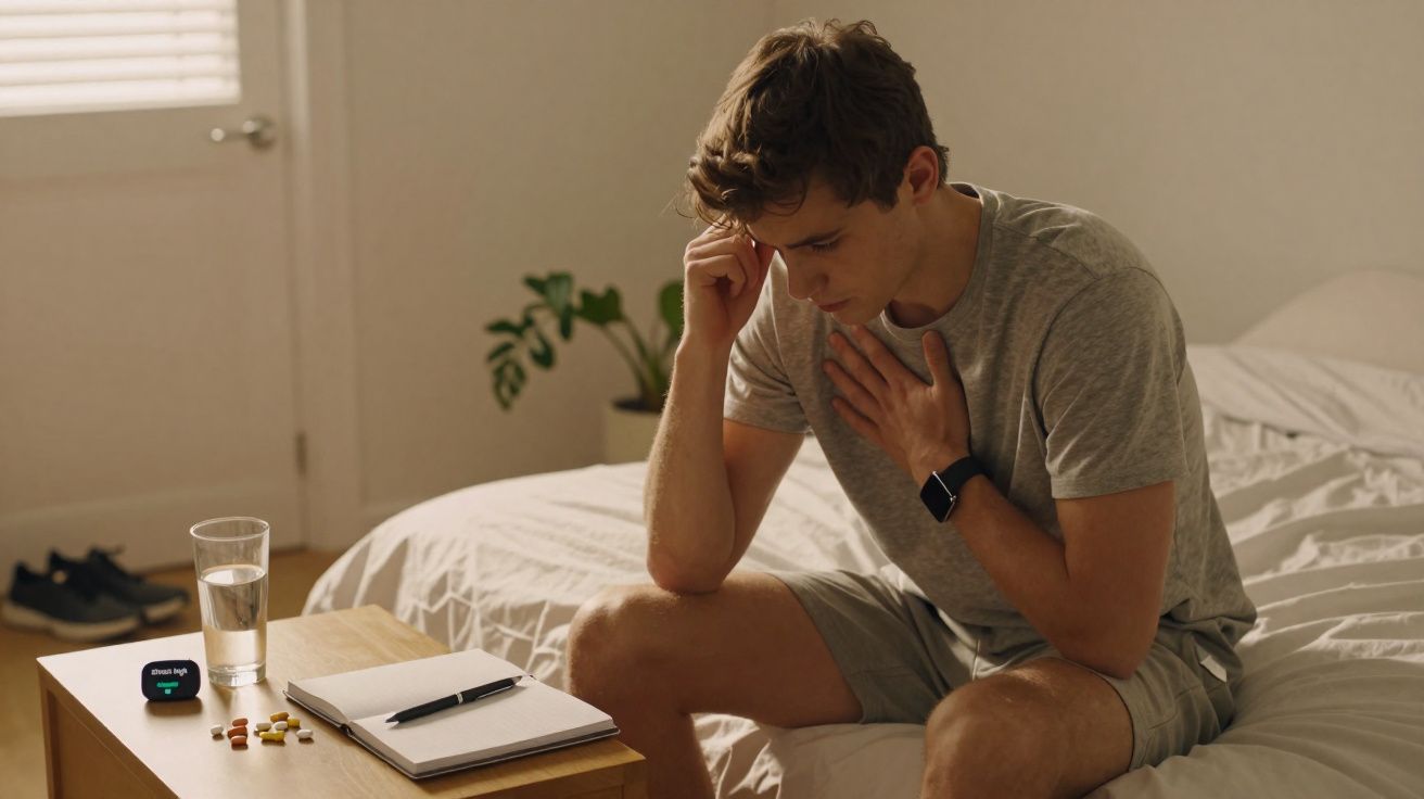 Homem jovem sentado na cama com expressão de dor, rodeado por medicamentos e um copo de água numa mesa.