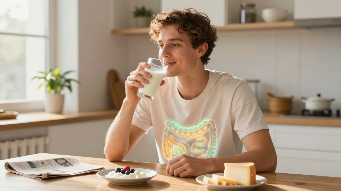 Homem sentado à mesa a beber leite com imagens ilustrativas do sistema digestivo no peito.