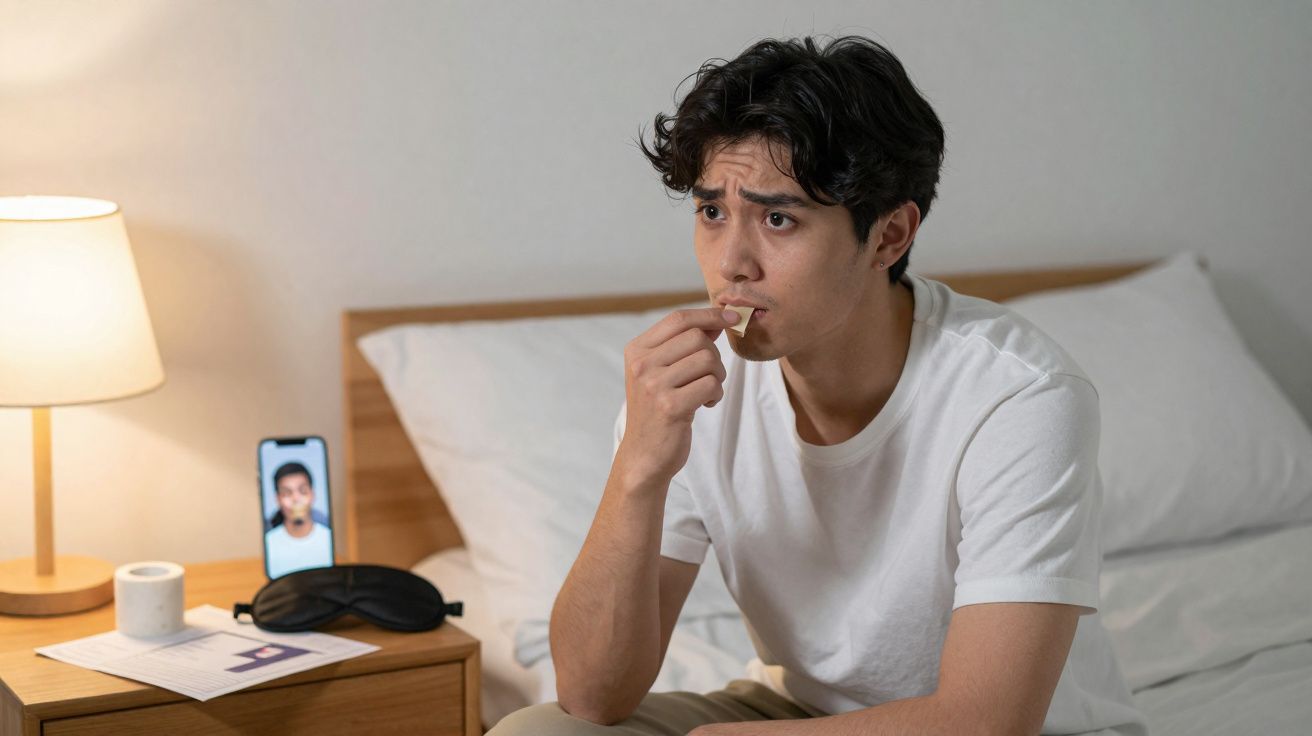 Homem preocupado sentado na cama a comer um curativo, com telefone a mostrar o seu rosto na mesa de cabeceira.