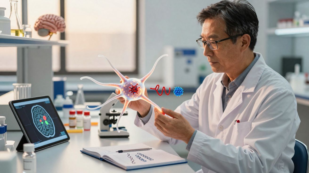Cientista em laboratório analisa modelo 3D de neurónio e vírus, com imagem cerebral num ecrã digital.