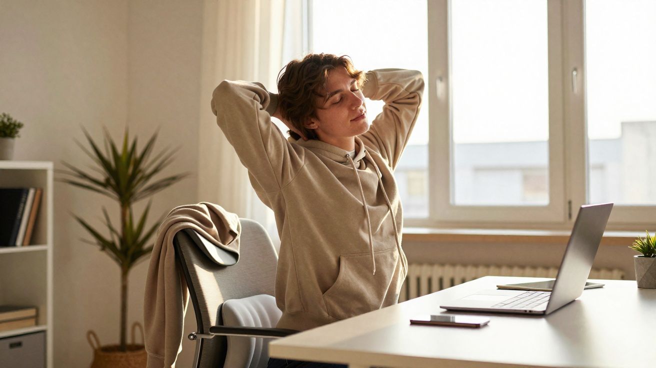 Pessoa jovem a relaxar com os braços atrás da cabeça sentada numa cadeira junto a secretária com portátil e smartphone.