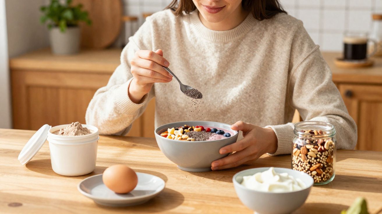 Mulher a polvilhar sementes numa taça de iogurte com frutas, ovos e frutos secos na mesa em madeira.