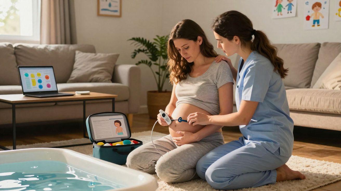 Profissional de saúde assiste grávida a usar monitor fetal num ambiente confortável em casa.