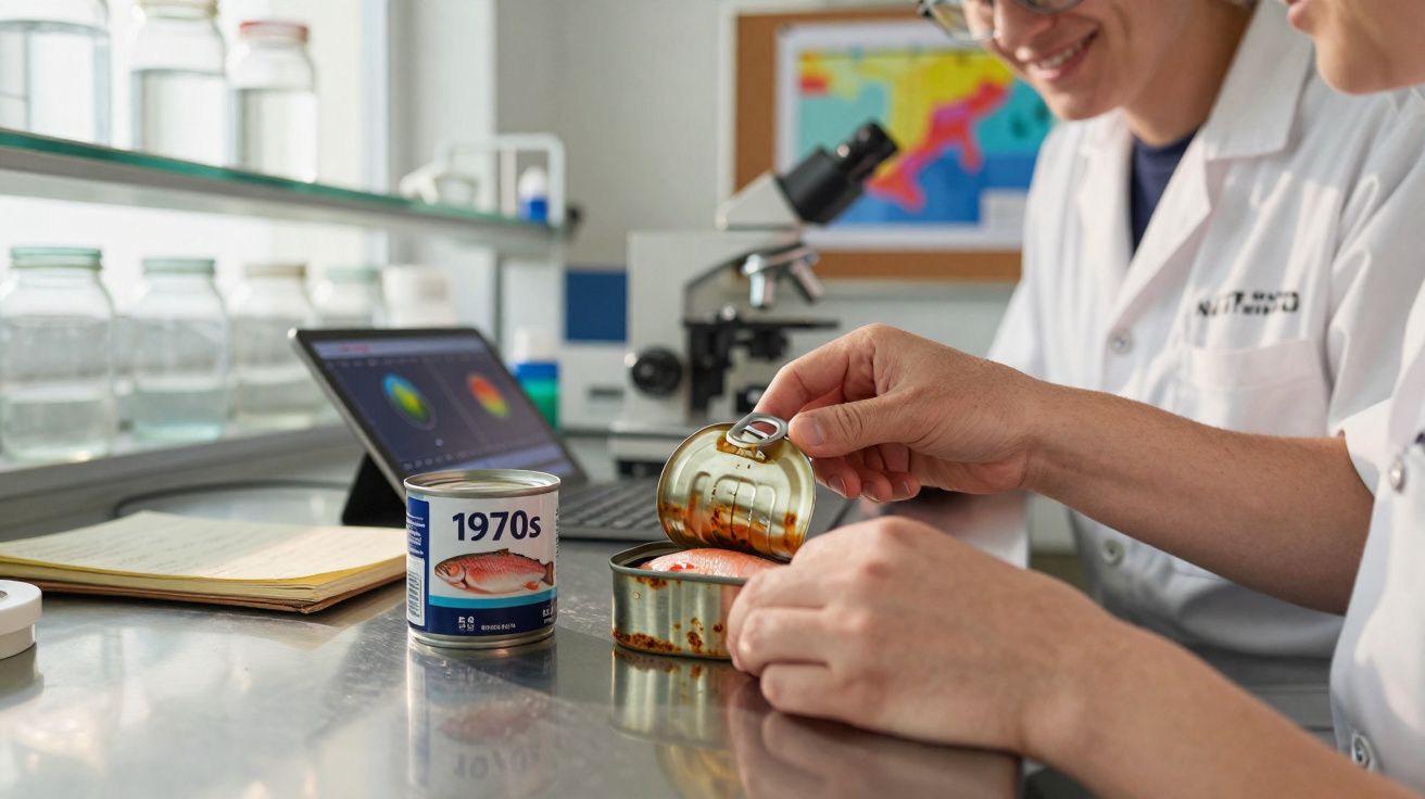Duas pessoas em laboratório a abrir uma lata de comida de 1970 para análise científica.