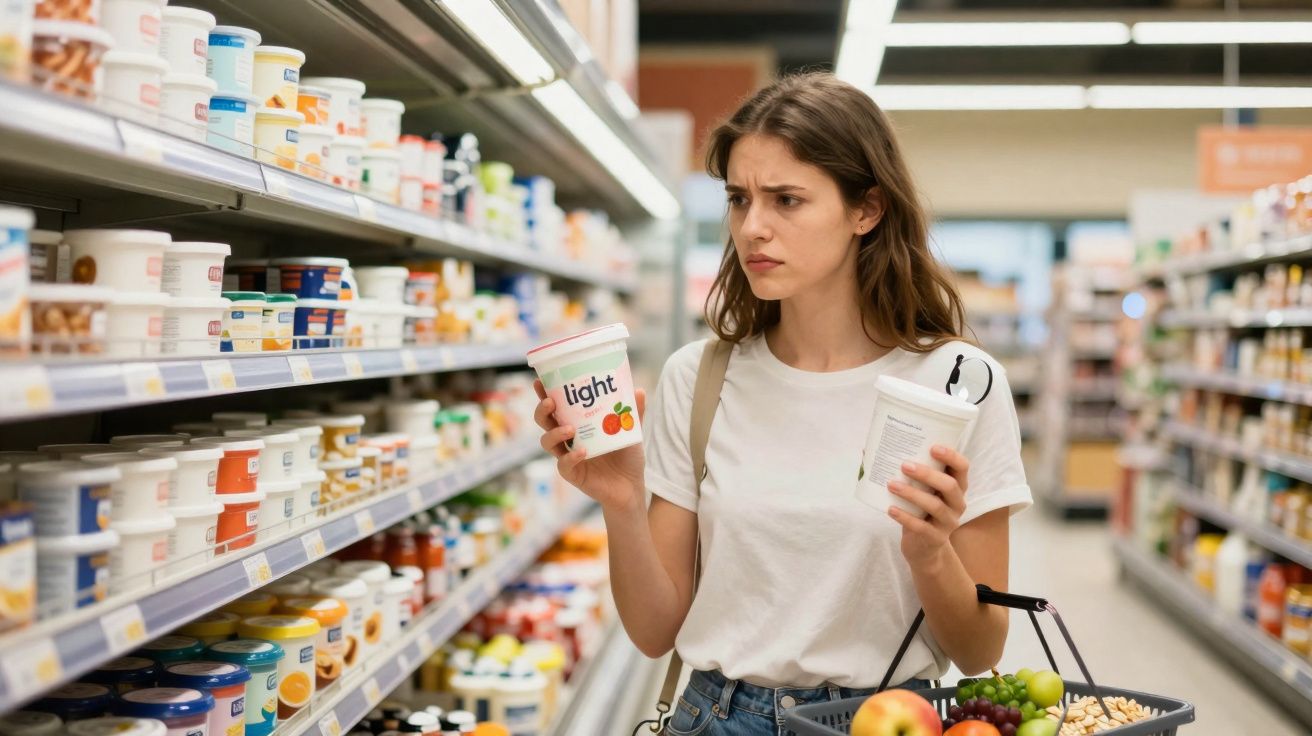 Mulher com expressão pensativa escolhe iogurte no corredor de supermercado, com cesta cheia de frutas e nozes.