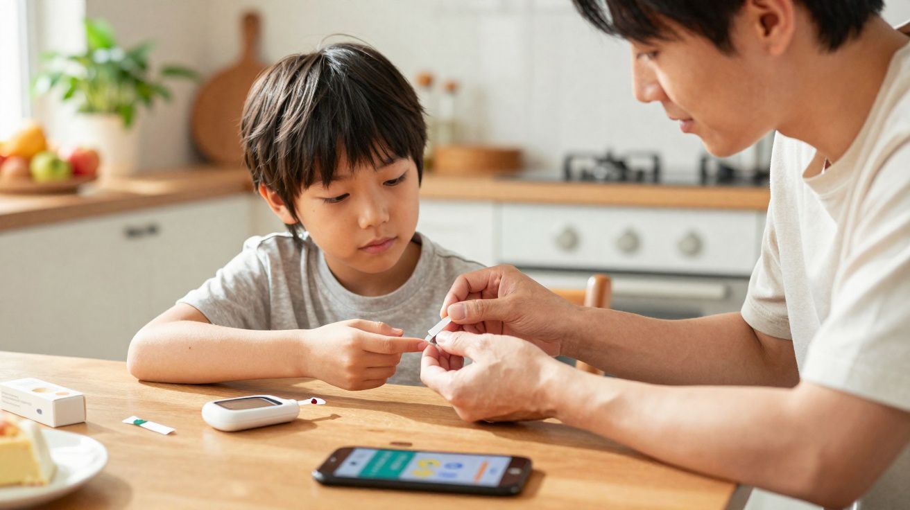 Pai ajuda filho a medir a glicose no sangue numa cozinha com monitor e telemóvel na mesa.