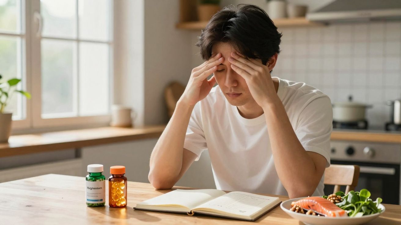 Homem preocupado a tocar a cabeça sentado à mesa com livros, medicamentos e comida saudável numa cozinha.