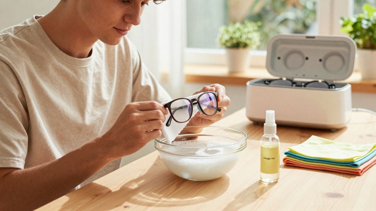 Pessoa a limpar óculos com solução de limpeza e pano numa mesa de madeira junto a caixa para desinfetar óculos.
