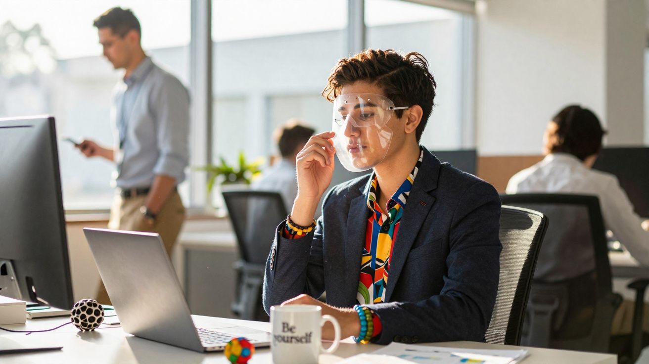 Jovem em escritório com máscara facial transparente, sentado a trabalhar no computador portátil.