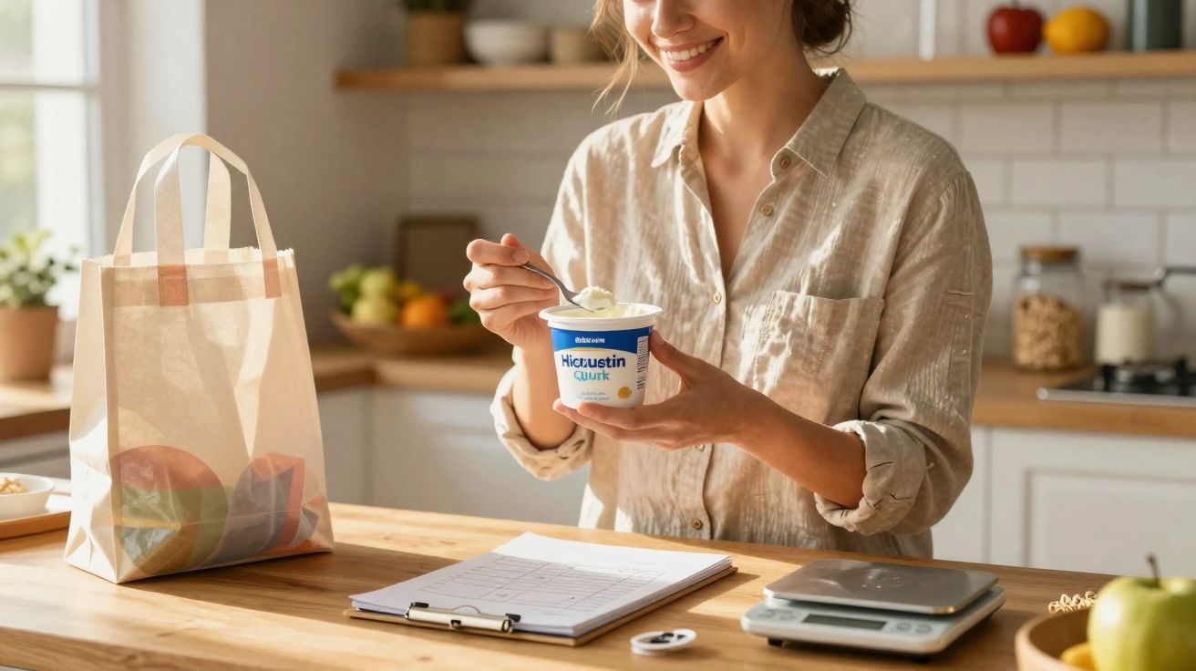 Mulher sorridente a segurar iogurte e colher na cozinha, com saco de compras, balança e bloco de notas na mesa.