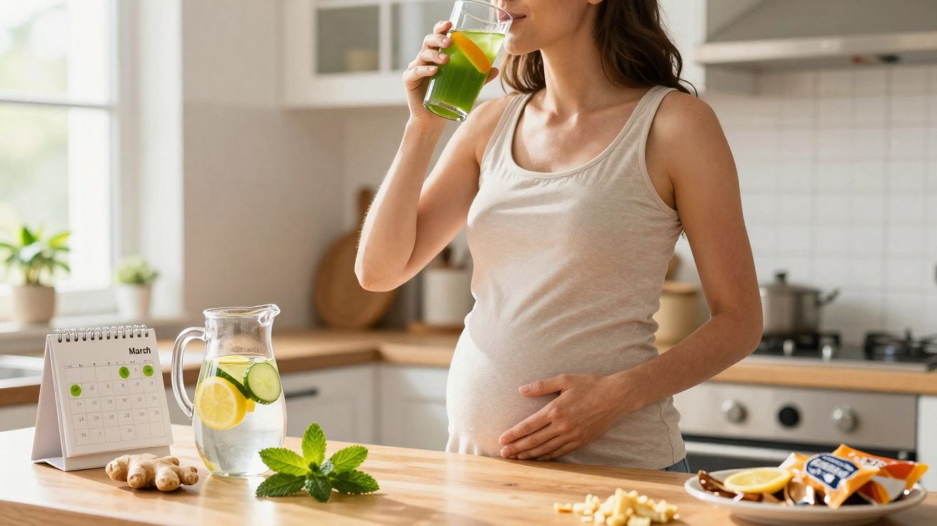 Mulher grávida a beber um sumo verde numa cozinha clara e moderna, protegendo a barriga com a outra mão.