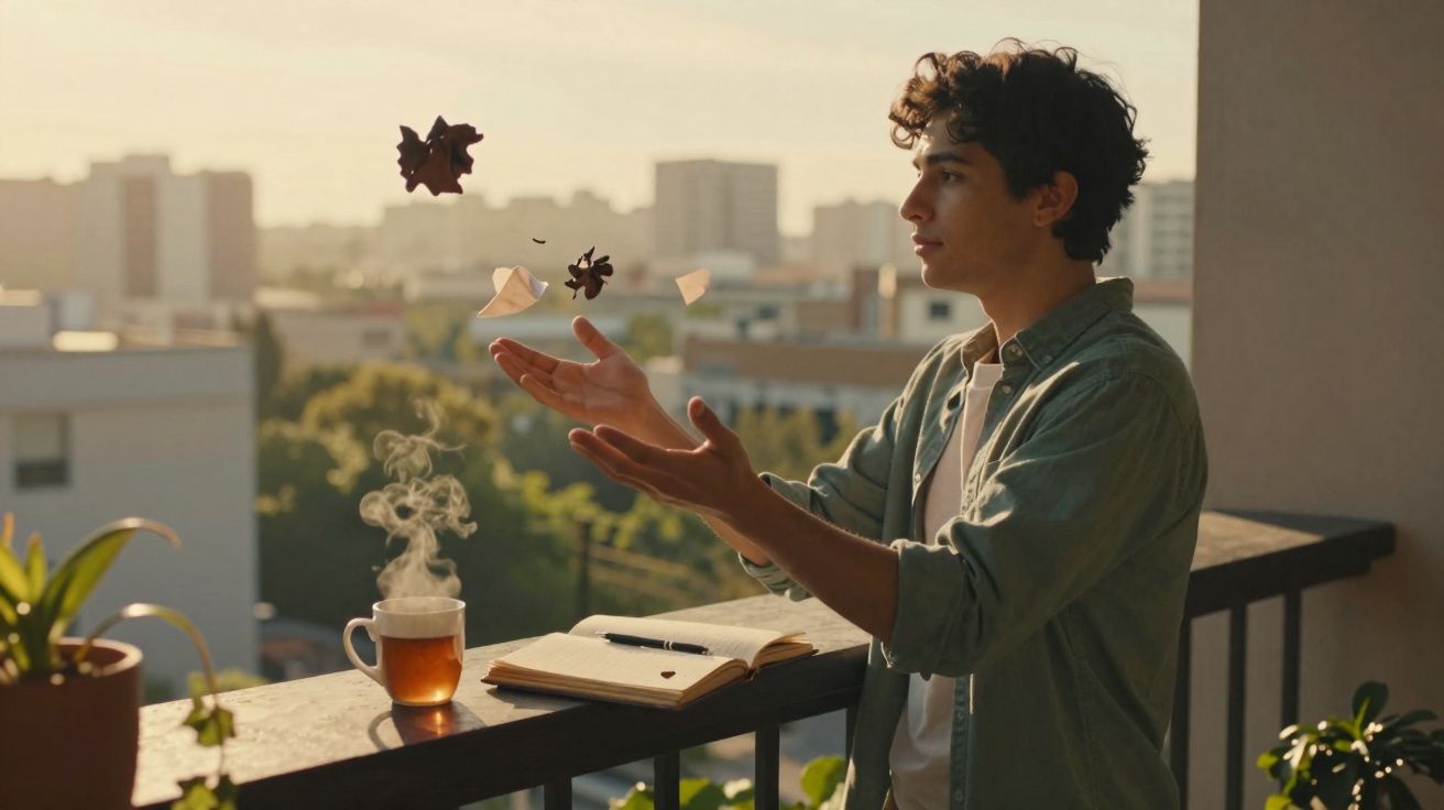 Jovem numa varanda, de manhã, a mexer em folhas secas, com chá fumegante e caderno aberto ao sol.