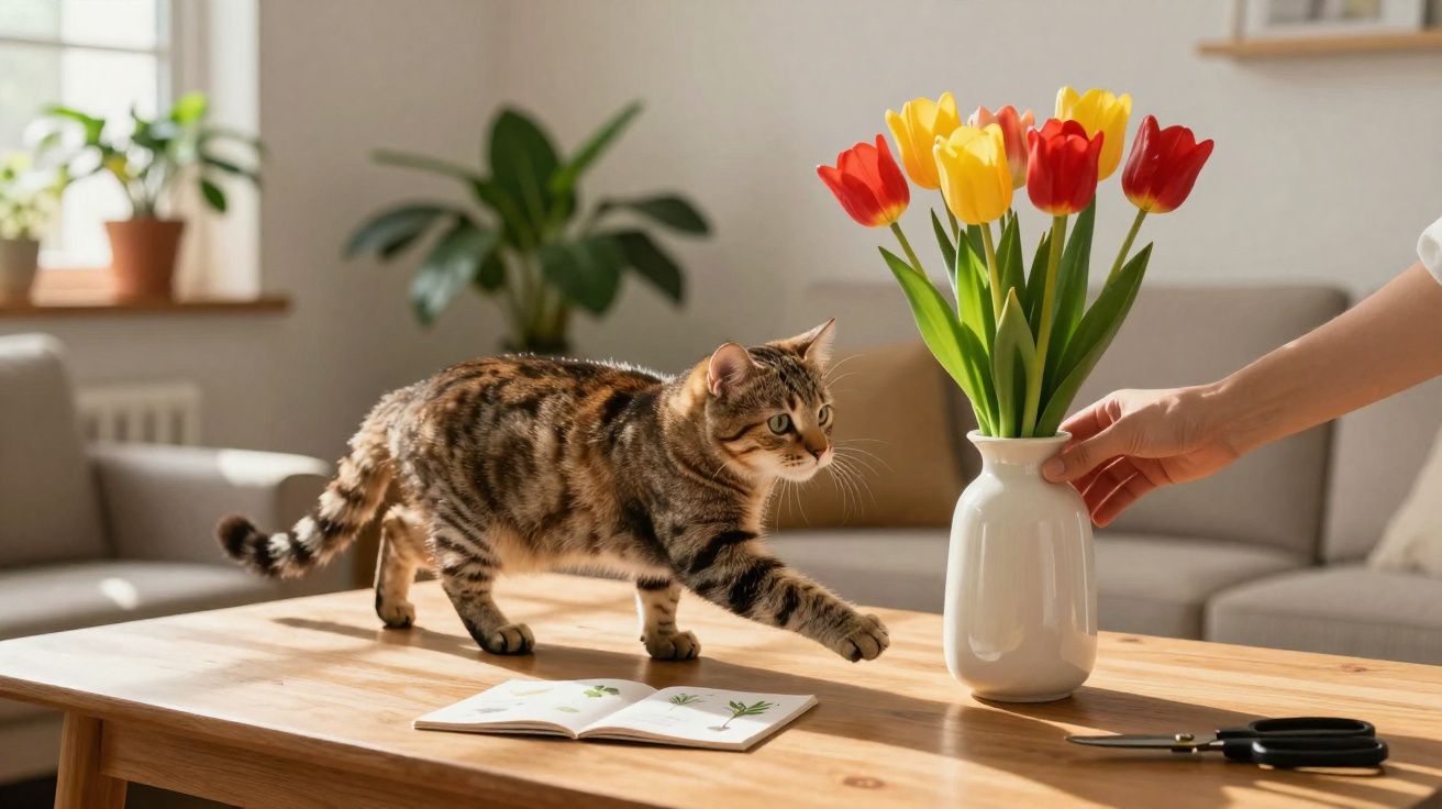 Gato tigrado a tocar num vaso branco com tulipas vermelhas e amarelas numa sala iluminada.
