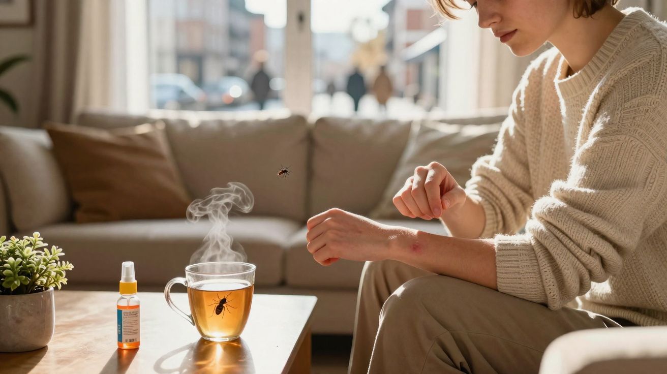 Pessoa a arranhar picada de inseto junto a chá fumegante com inseto dentro e repelente numa mesa de sala.