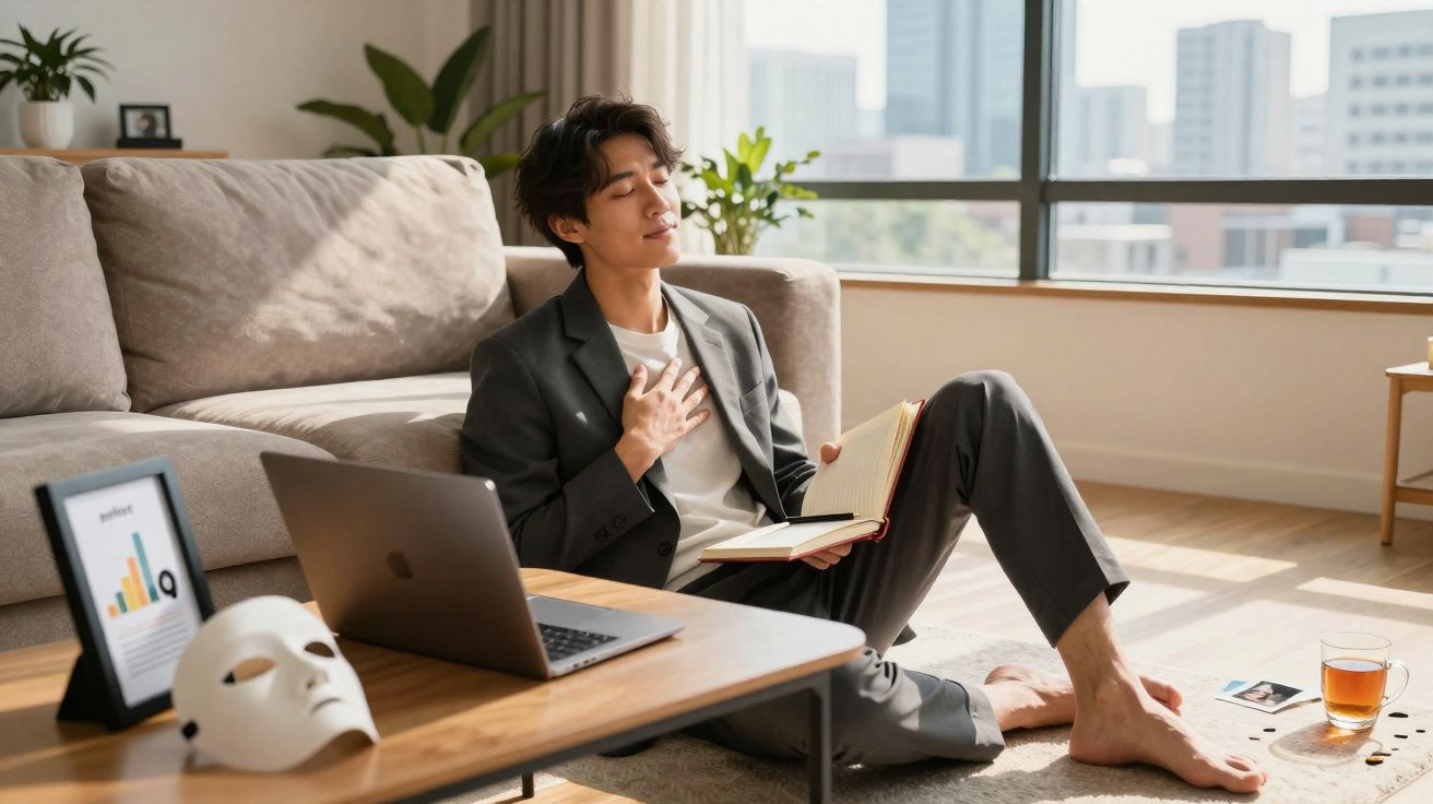 Pessoa sentada no chão da sala, de olhos fechados e a ler um livro, rodeada de objetos e luz natural.
