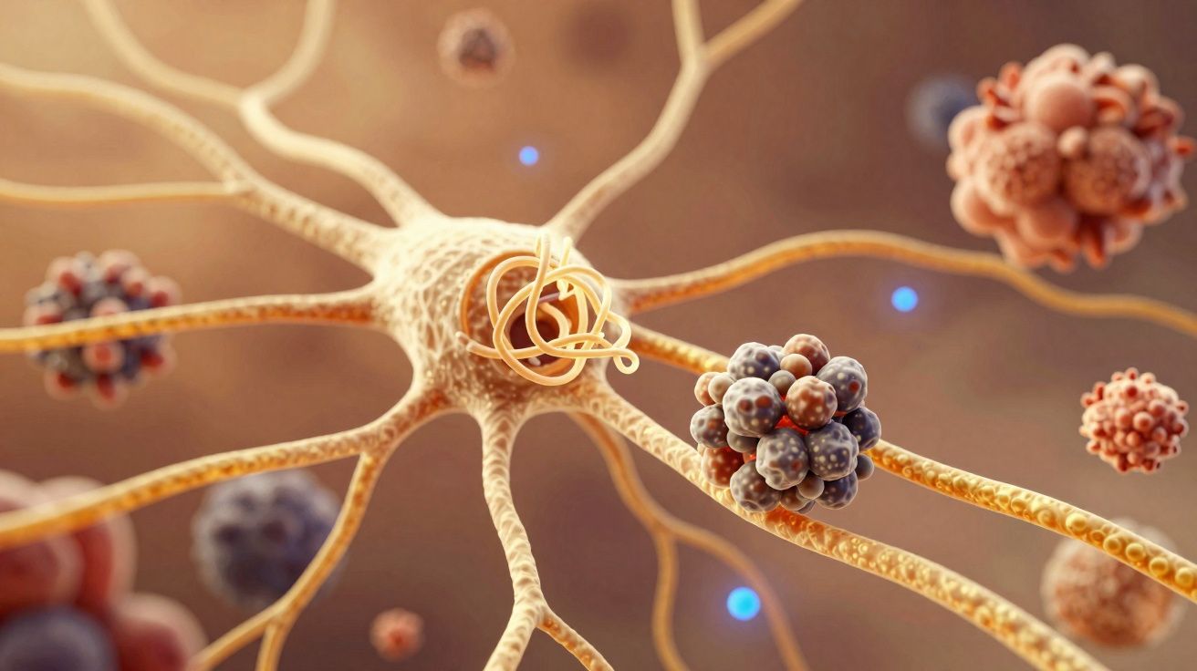 Representação 3D de neurónios com estruturas complexas e partículas celulares em fundo desfocado castanho.