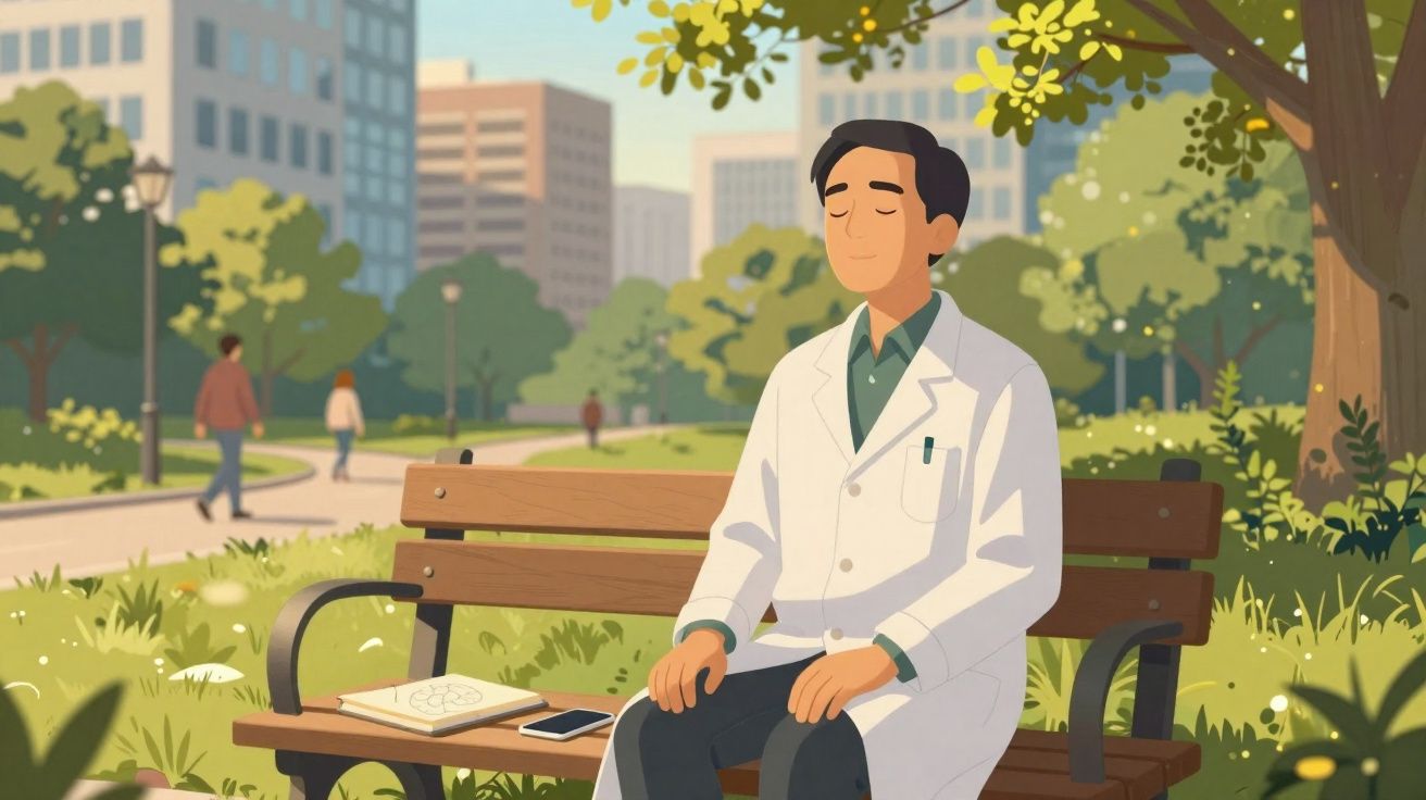 Homem de bata branca sentado num banco de jardim urbano, com olhos fechados e expressão serena.