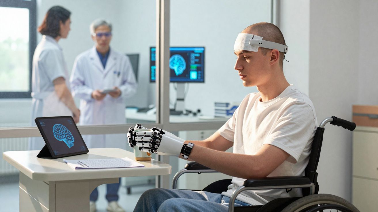 Homem em cadeira de rodas com prótese robótica na mão e sensor na cabeça em laboratório médico.