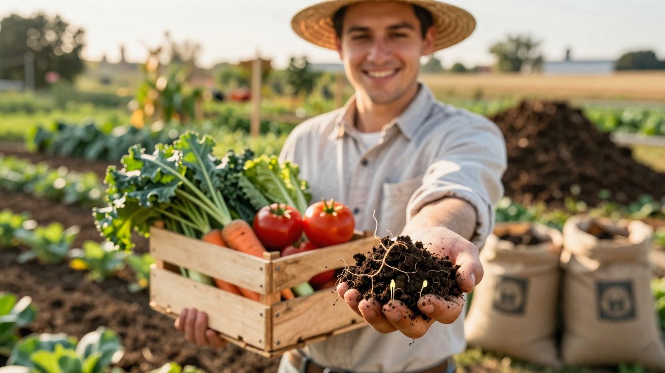 Homem em campo agrícola segurando terra na mão e caixa de legumes frescos ao peito.