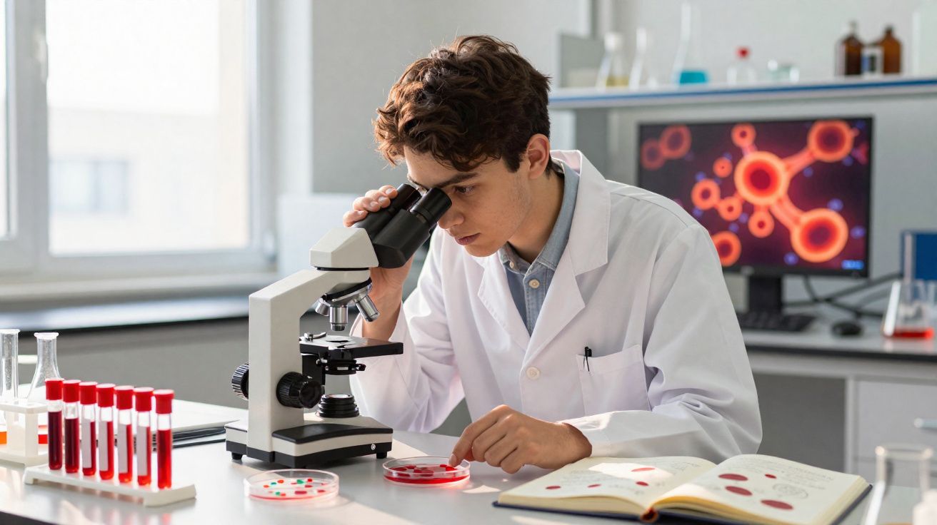 Jovem cientista em laboratório a observar amostras ao microscópio com tubos de ensaio e livro aberto.