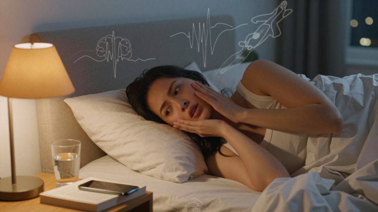 Mulher deitada na cama com expressão preocupada, ao lado uma mesa com candeeiro, água e telemóvel.