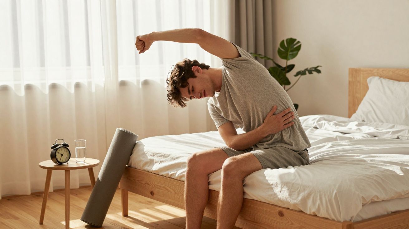 Homem jovem a alongar-se sentado na cama, num quarto iluminado com luz natural suave.