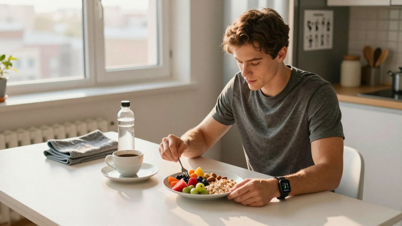 Homem jovem sentado à mesa a comer uma tigela de frutas e cereais, com chá e garrafa de água ao lado.