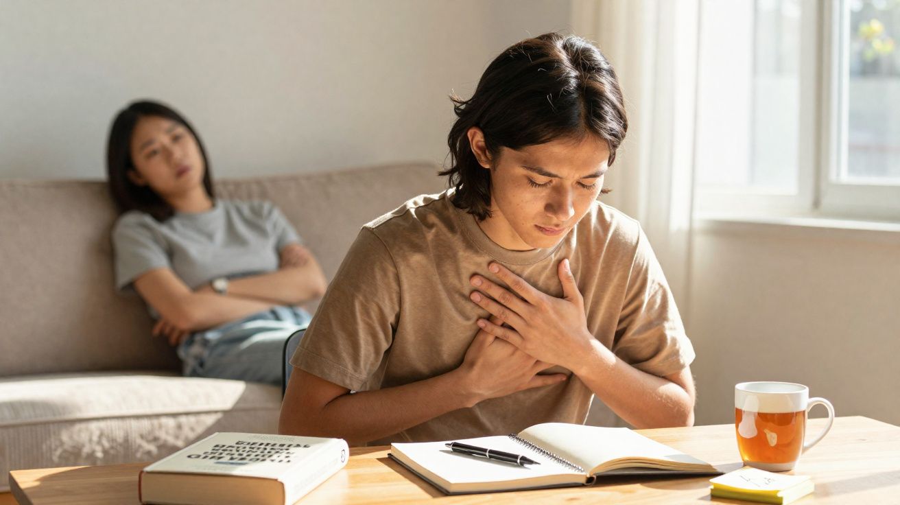 Pessoa sentada a estudar com dor no peito, outra pessoa sentada ao fundo no sofá com expressão triste.