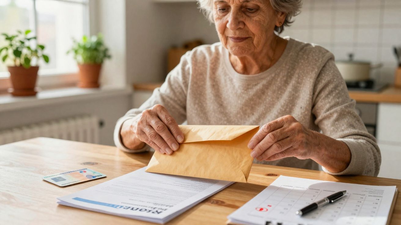 Mulher idosa sentada à mesa a guardar documentos num envelope castanho numa cozinha iluminada.