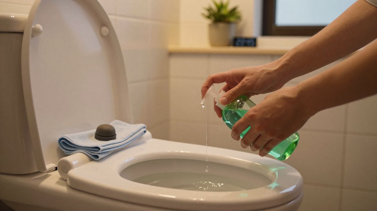 Mãos a aplicar líquido desinfetante na sanita branca com toalha azul e planta no fundo do WC.