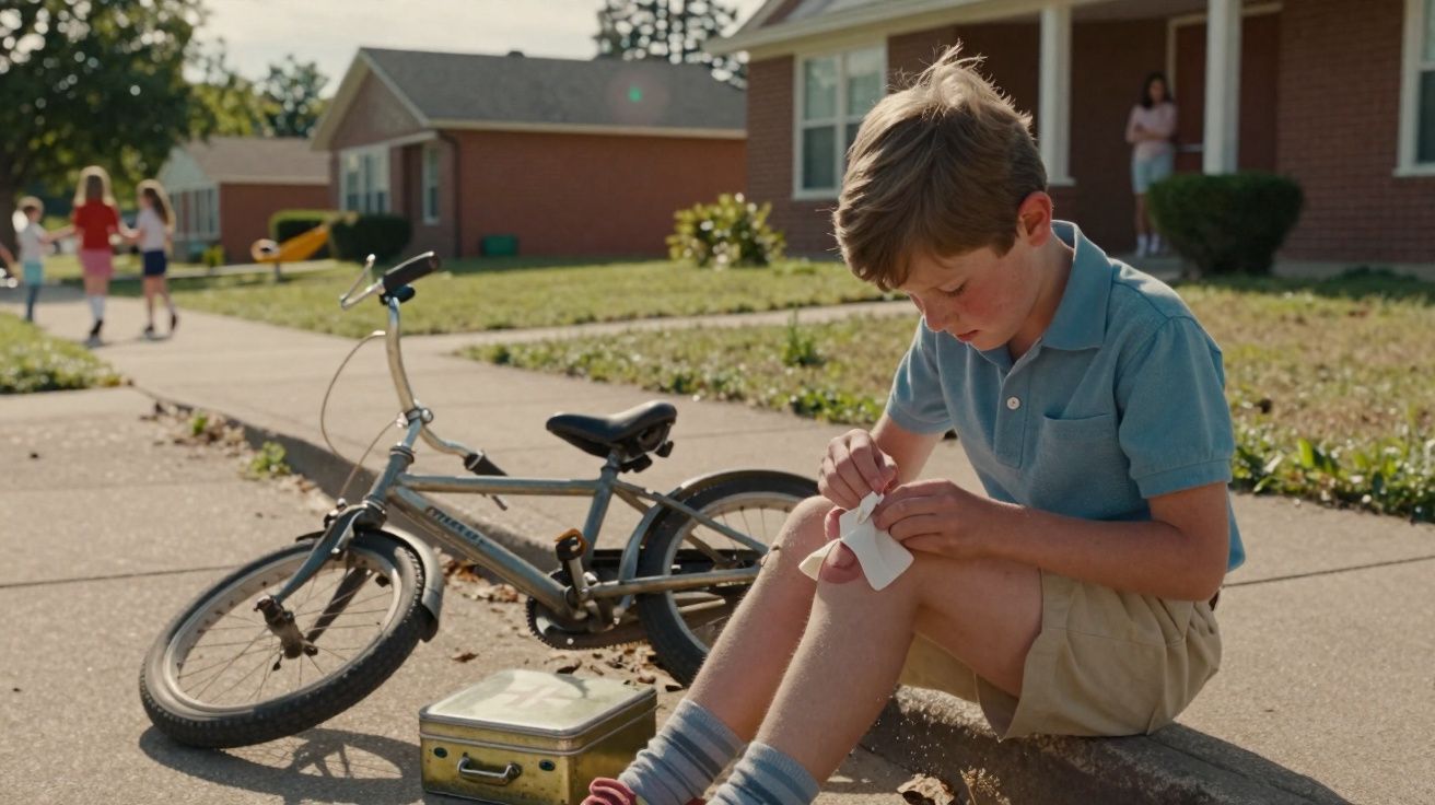 Menino sentado no passeio a tratar de um machucado no joelho, bicicleta caída ao lado em bairro residencial.