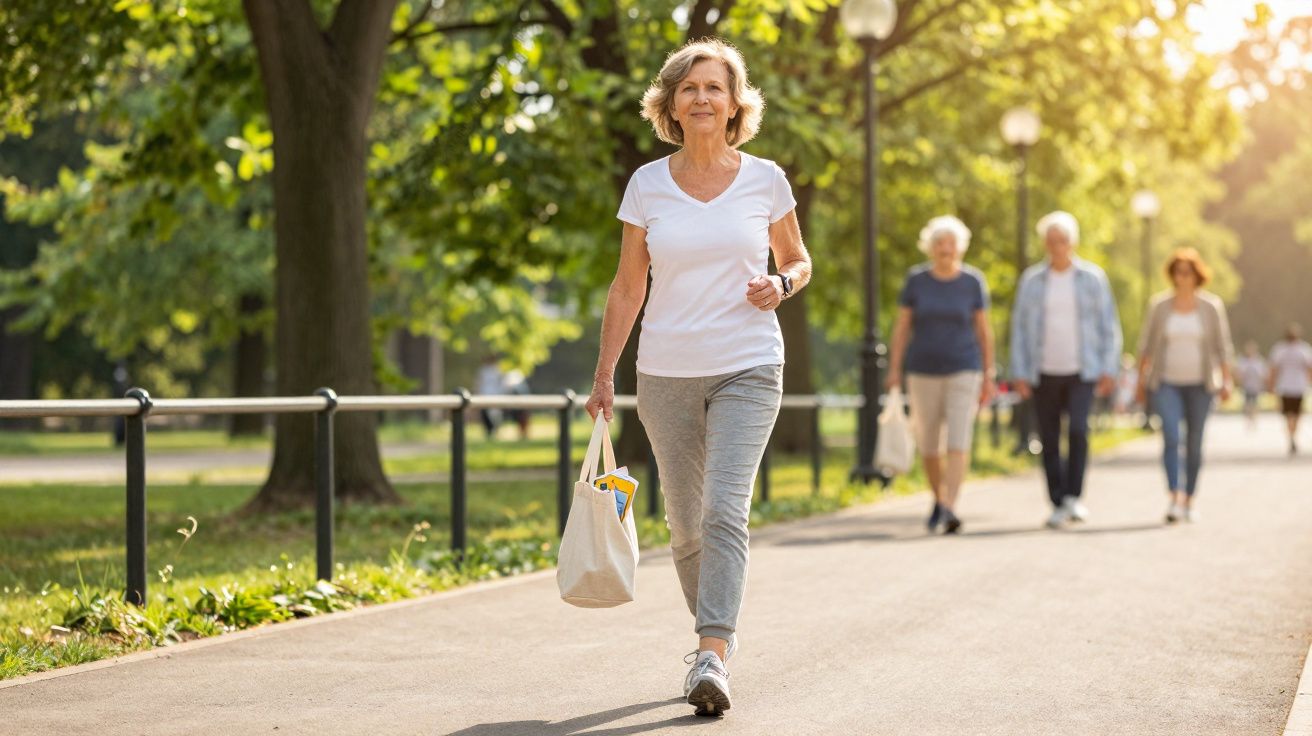 Mulher sénior a caminhar num parque ensolarado com bolsa na mão, seguida por três pessoas ao fundo.